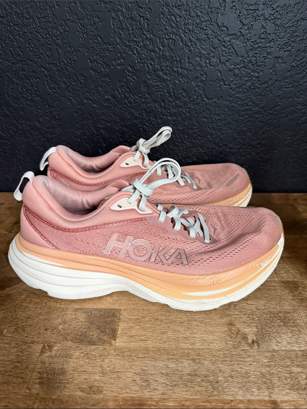 Hoka Bondi 8 Women’s Rose Pink Running Shoes with Peach Accents size 11